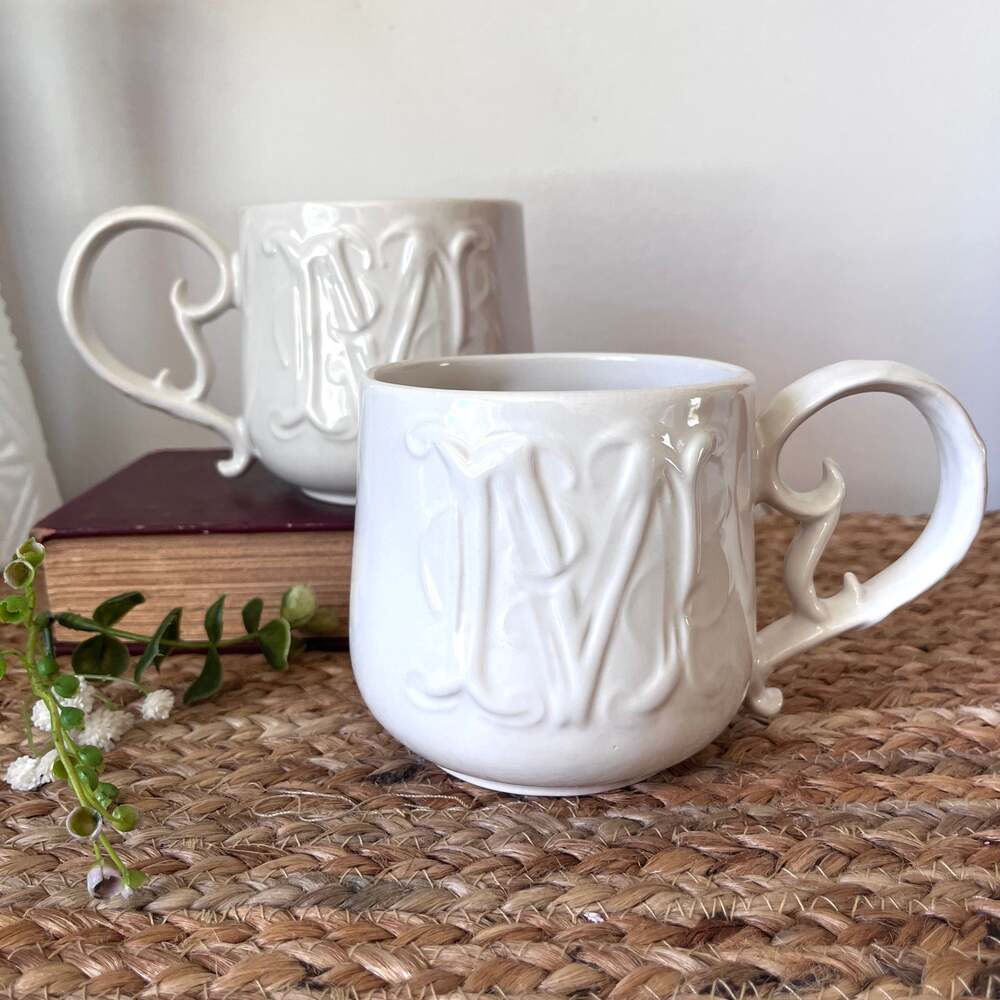 Set of 2 Pottery Barn A-Z Mugs Letter 'M' Ivory Ceramic Coffee Victorian Cottage
